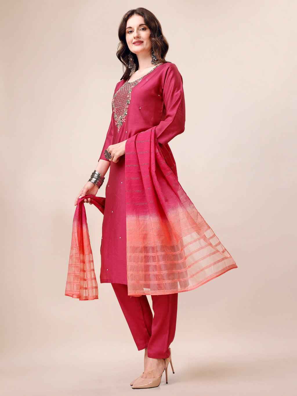 Hand Embroidered Mirror Detailed Kurta With Pant & Dupatta, Multicolor - Hiral Fashion | Grocsy