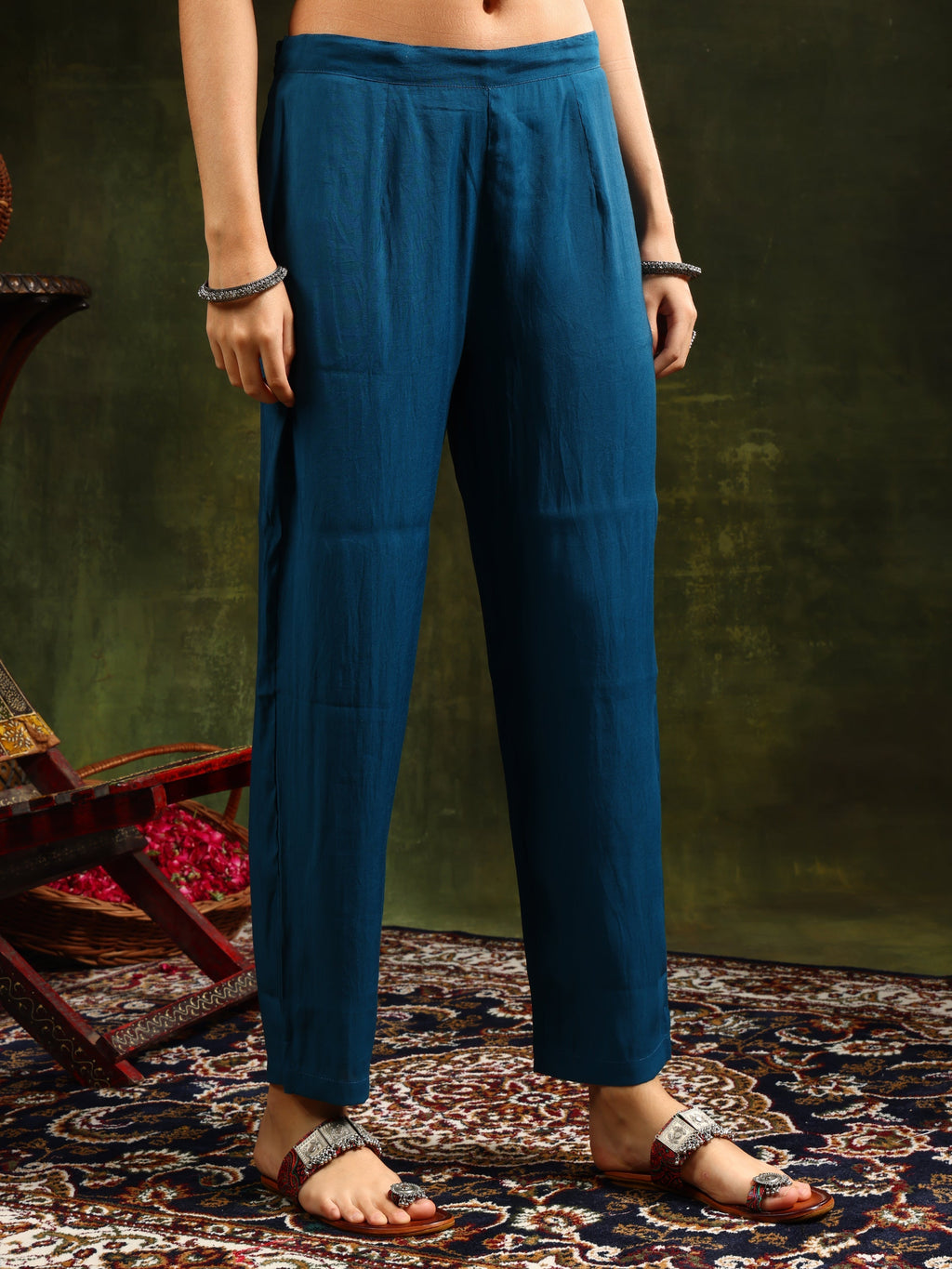 Hem & Yoke Embroidered Kurta With Pant & Lace Taping Net Dupatta, Blue - Hiral Fashion | Grocsy