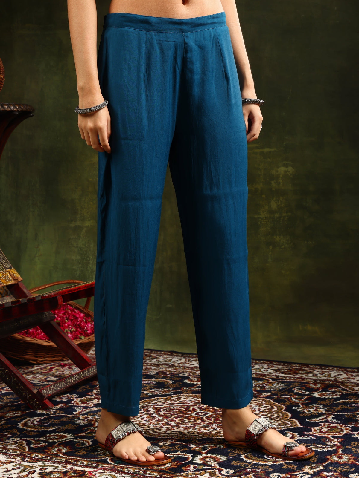 Hem & Yoke Embroidered Kurta With Pant & Lace Taping Net Dupatta, Blue - Hiral Fashion | Grocsy