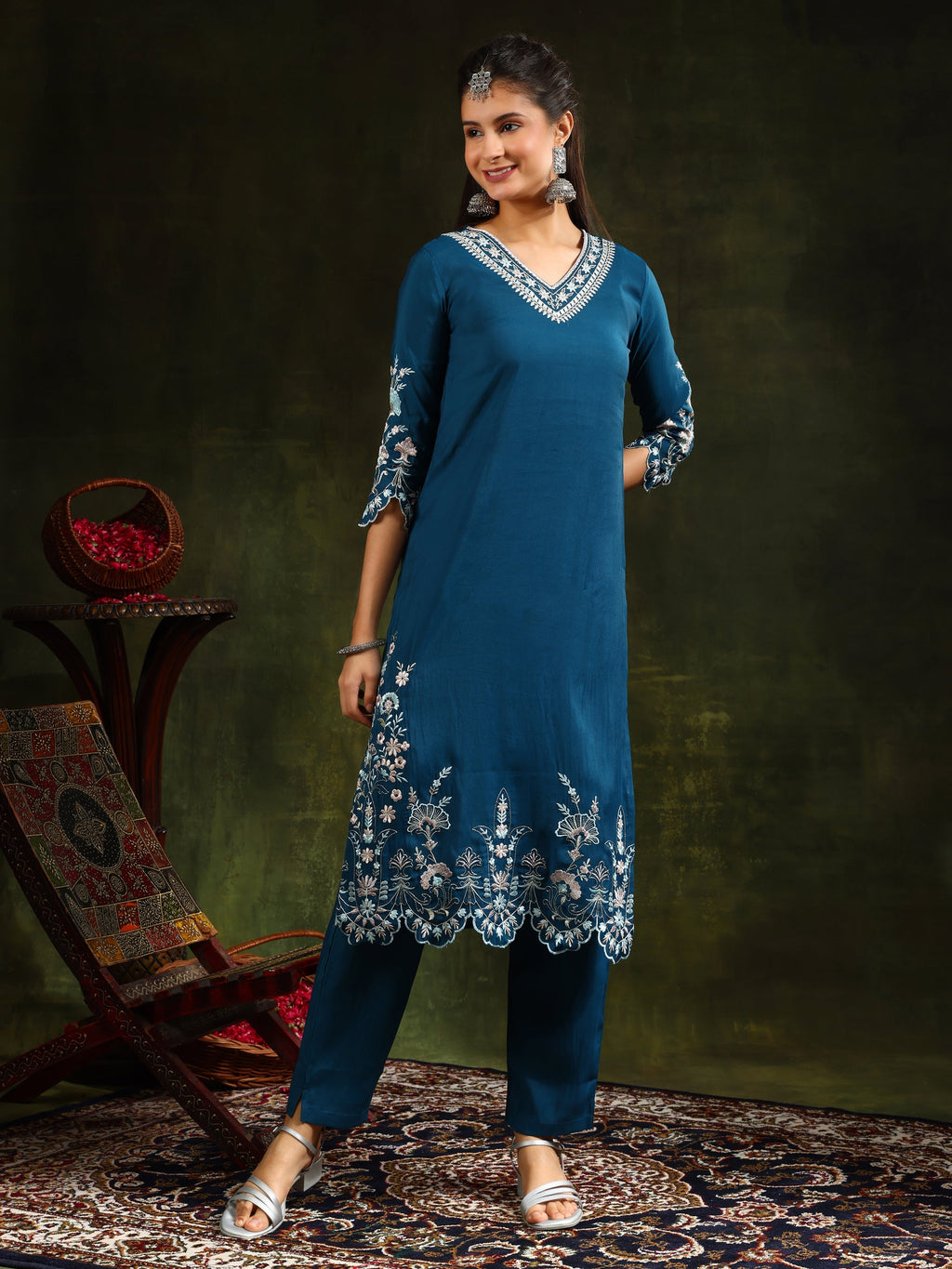 Hem & Yoke Embroidered Kurta With Pant & Lace Taping Net Dupatta, Blue - Hiral Fashion | Grocsy