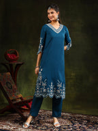 Hem & Yoke Embroidered Kurta With Pant & Lace Taping Net Dupatta, Blue - Hiral Fashion | Grocsy