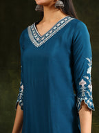 Hem & Yoke Embroidered Kurta With Pant & Lace Taping Net Dupatta, Blue - Hiral Fashion | Grocsy