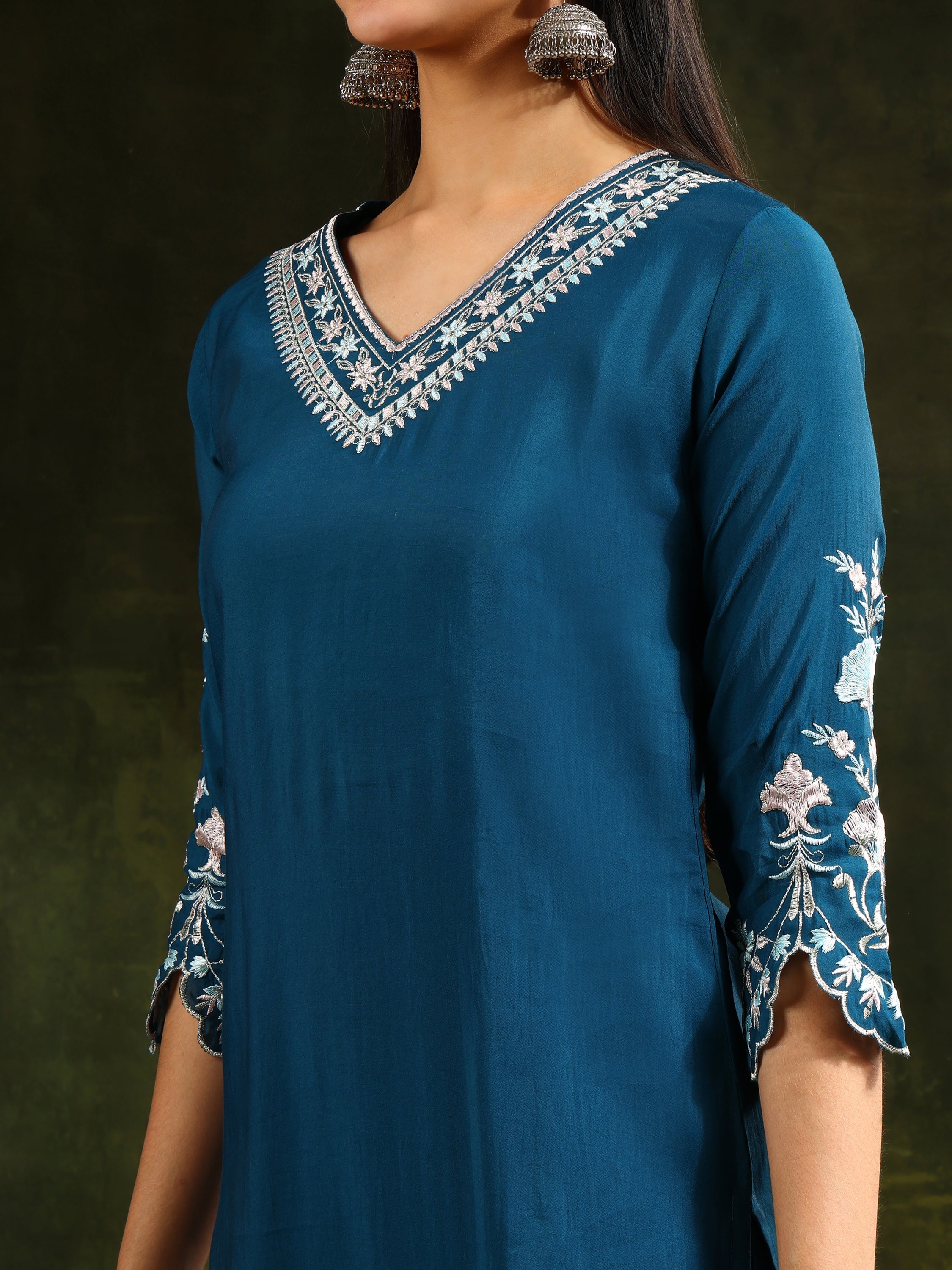 Hem & Yoke Embroidered Kurta With Pant & Lace Taping Net Dupatta, Blue - Hiral Fashion | Grocsy