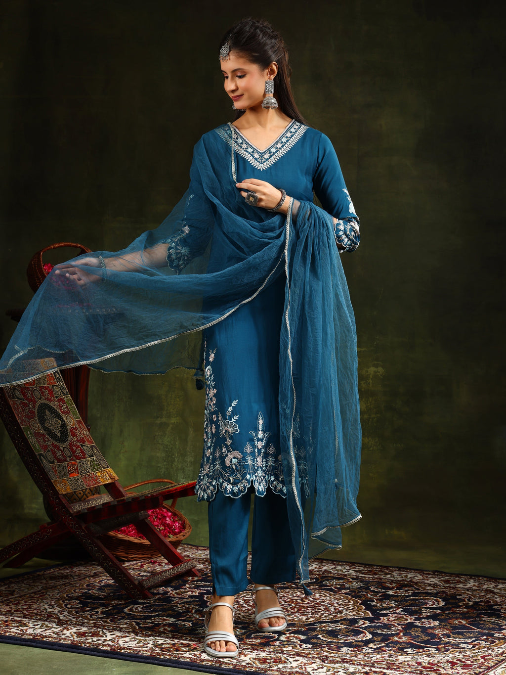 Hem & Yoke Embroidered Kurta With Pant & Lace Taping Net Dupatta, Blue - Hiral Fashion | Grocsy