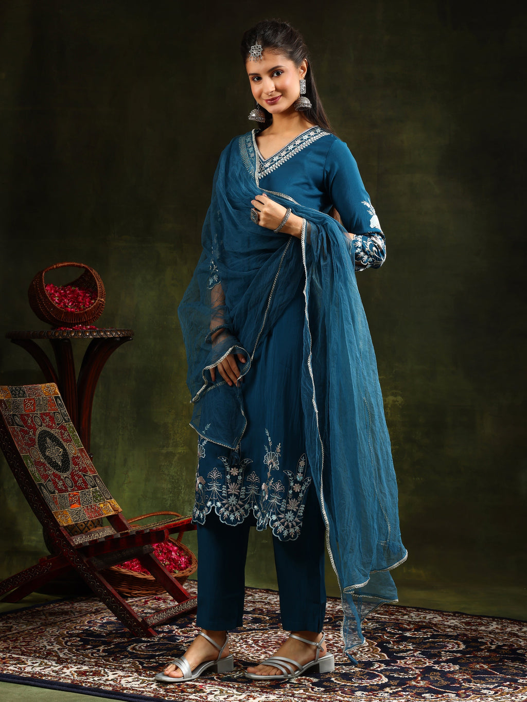 Hem & Yoke Embroidered Kurta With Pant & Lace Taping Net Dupatta, Blue - Hiral Fashion | Grocsy