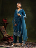 Hem & Yoke Embroidered Kurta With Pant & Lace Taping Net Dupatta, Blue - Hiral Fashion | Grocsy