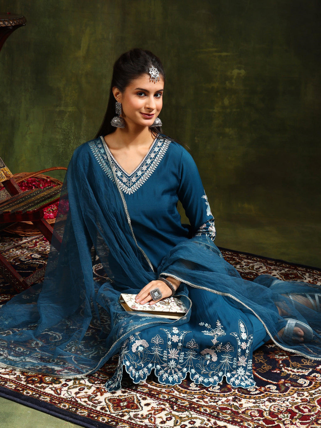 Hem & Yoke Embroidered Kurta With Pant & Lace Taping Net Dupatta, Blue - Hiral Fashion | Grocsy