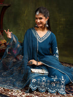 Hem & Yoke Embroidered Kurta With Pant & Lace Taping Net Dupatta, Blue - Hiral Fashion | Grocsy