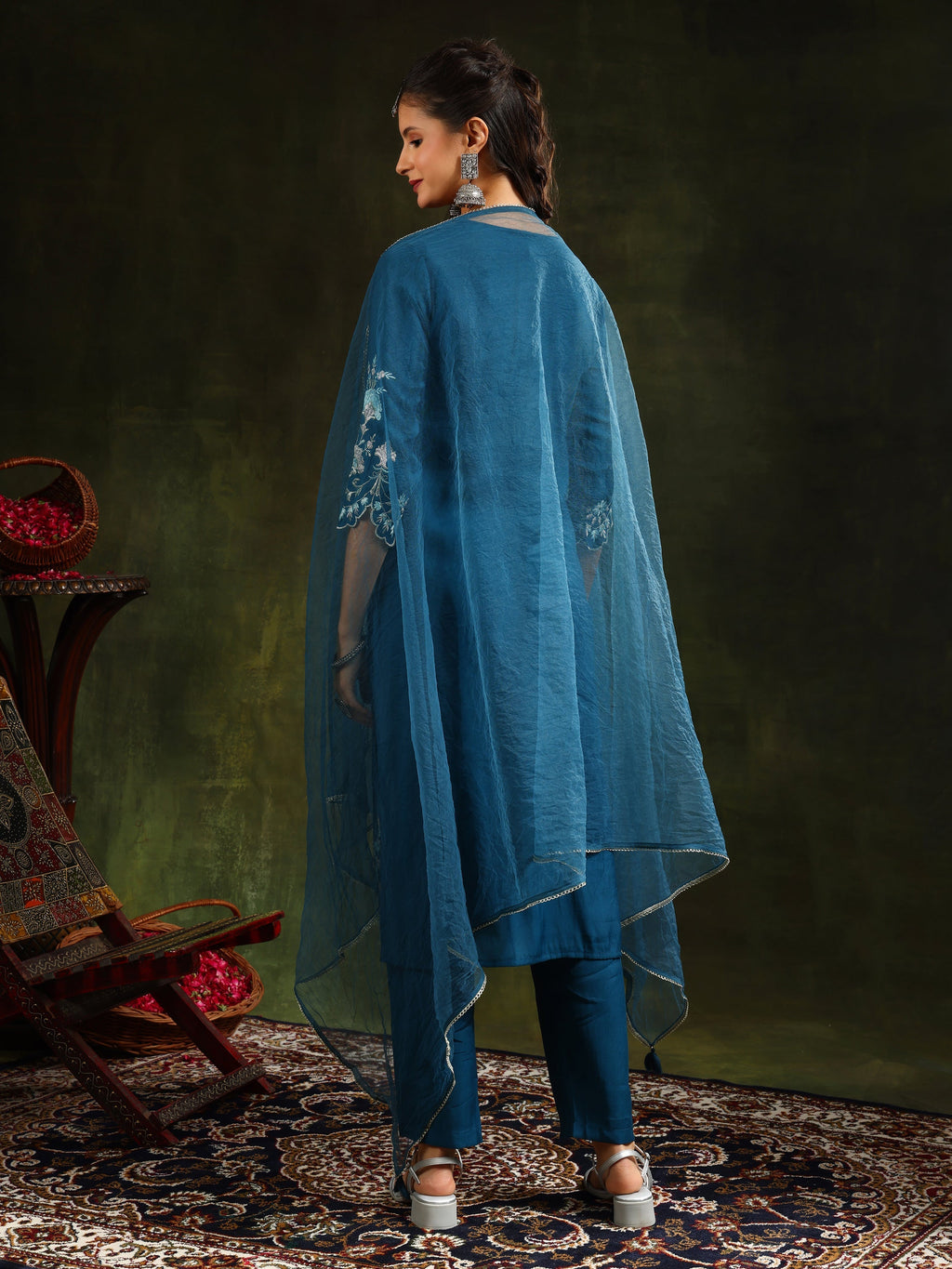 Hem & Yoke Embroidered Kurta With Pant & Lace Taping Net Dupatta, Blue - Hiral Fashion | Grocsy