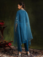 Hem & Yoke Embroidered Kurta With Pant & Lace Taping Net Dupatta, Blue - Hiral Fashion | Grocsy