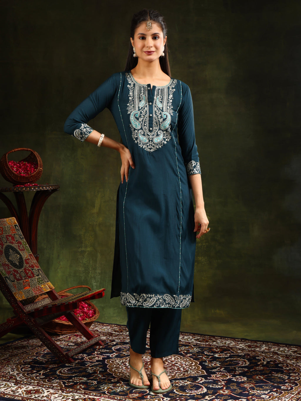Hem & Yoke Embroidered Kurta With Pant & Lace Taping Net Dupatta, Teal - Hiral Fashion | Grocsy