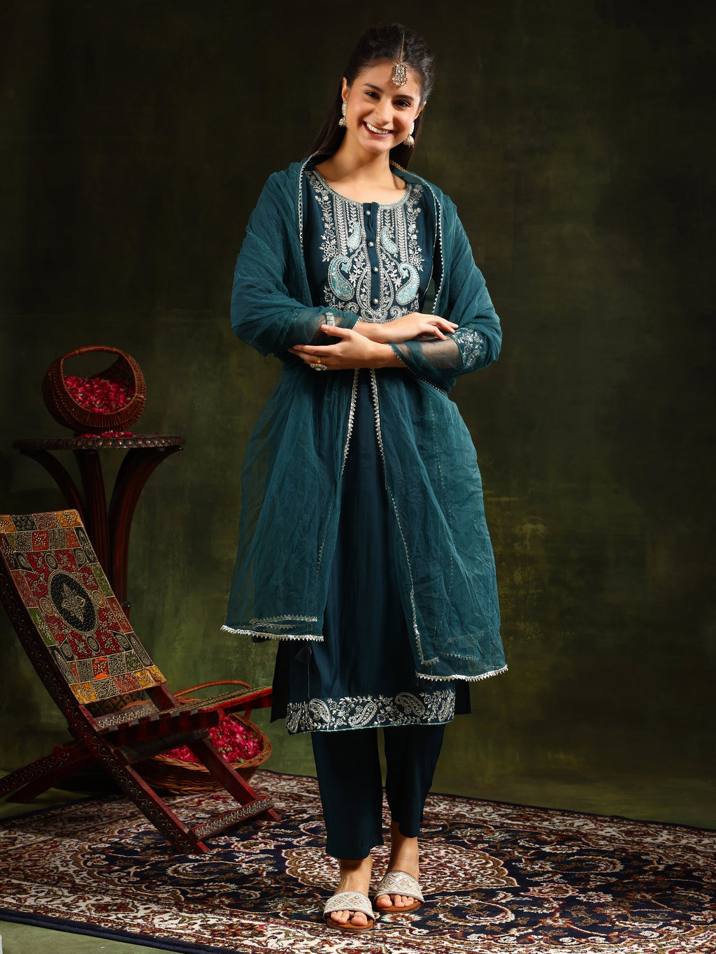 Hem & Yoke Embroidered Kurta With Pant & Lace Taping Net Dupatta, Teal - Hiral Fashion | Grocsy