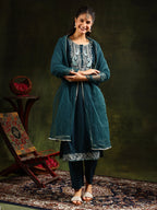 Hem & Yoke Embroidered Kurta With Pant & Lace Taping Net Dupatta, Teal - Hiral Fashion | Grocsy