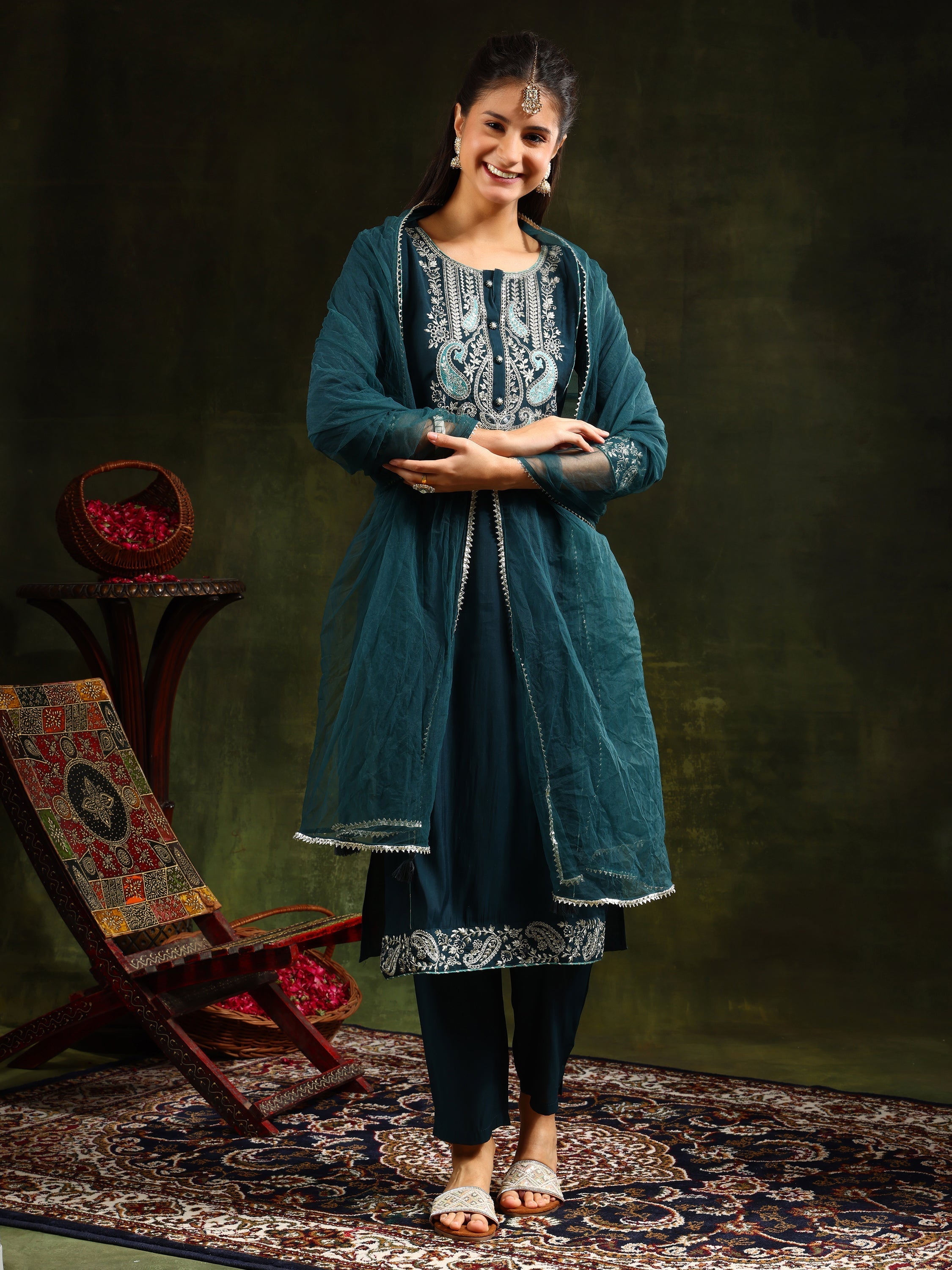 Hem & Yoke Embroidered Kurta With Pant & Lace Taping Net Dupatta, Teal - Hiral Fashion | Grocsy