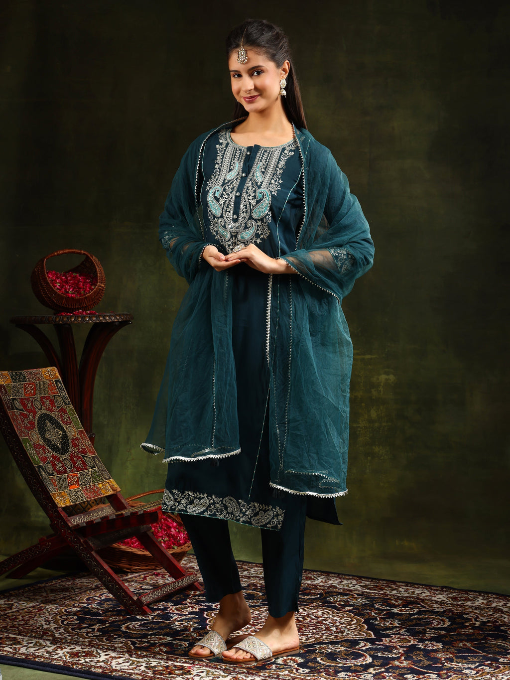 Hem & Yoke Embroidered Kurta With Pant & Lace Taping Net Dupatta, Teal - Hiral Fashion | Grocsy