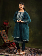 Hem & Yoke Embroidered Kurta With Pant & Lace Taping Net Dupatta, Teal - Hiral Fashion | Grocsy