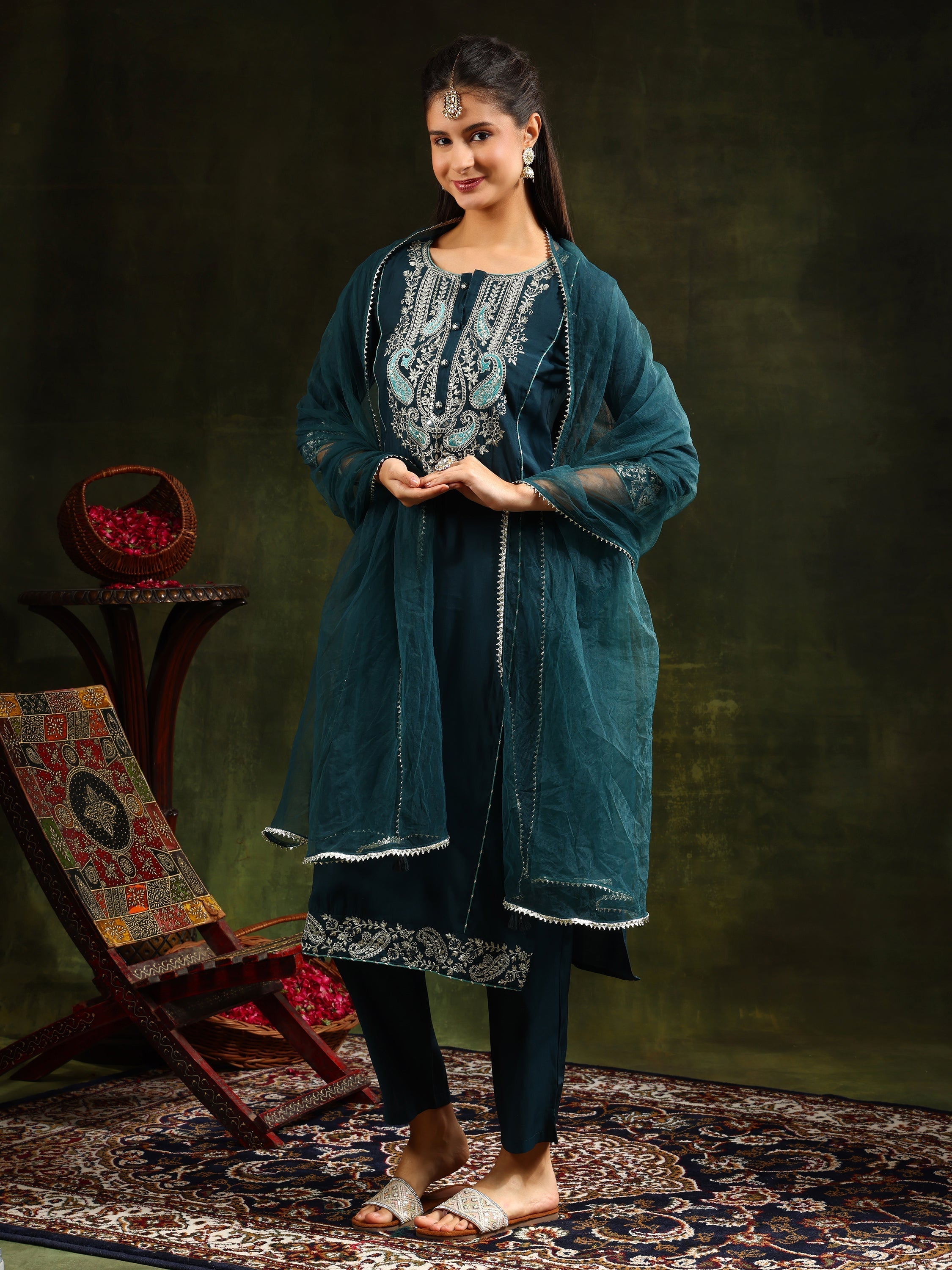 Hem & Yoke Embroidered Kurta With Pant & Lace Taping Net Dupatta, Teal - Hiral Fashion | Grocsy
