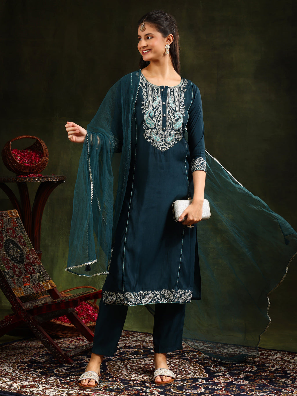 Hem & Yoke Embroidered Kurta With Pant & Lace Taping Net Dupatta, Teal - Hiral Fashion | Grocsy
