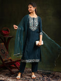 Hem & Yoke Embroidered Kurta With Pant & Lace Taping Net Dupatta, Teal - Hiral Fashion | Grocsy