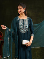 Hem & Yoke Embroidered Kurta With Pant & Lace Taping Net Dupatta, Teal - Hiral Fashion | Grocsy