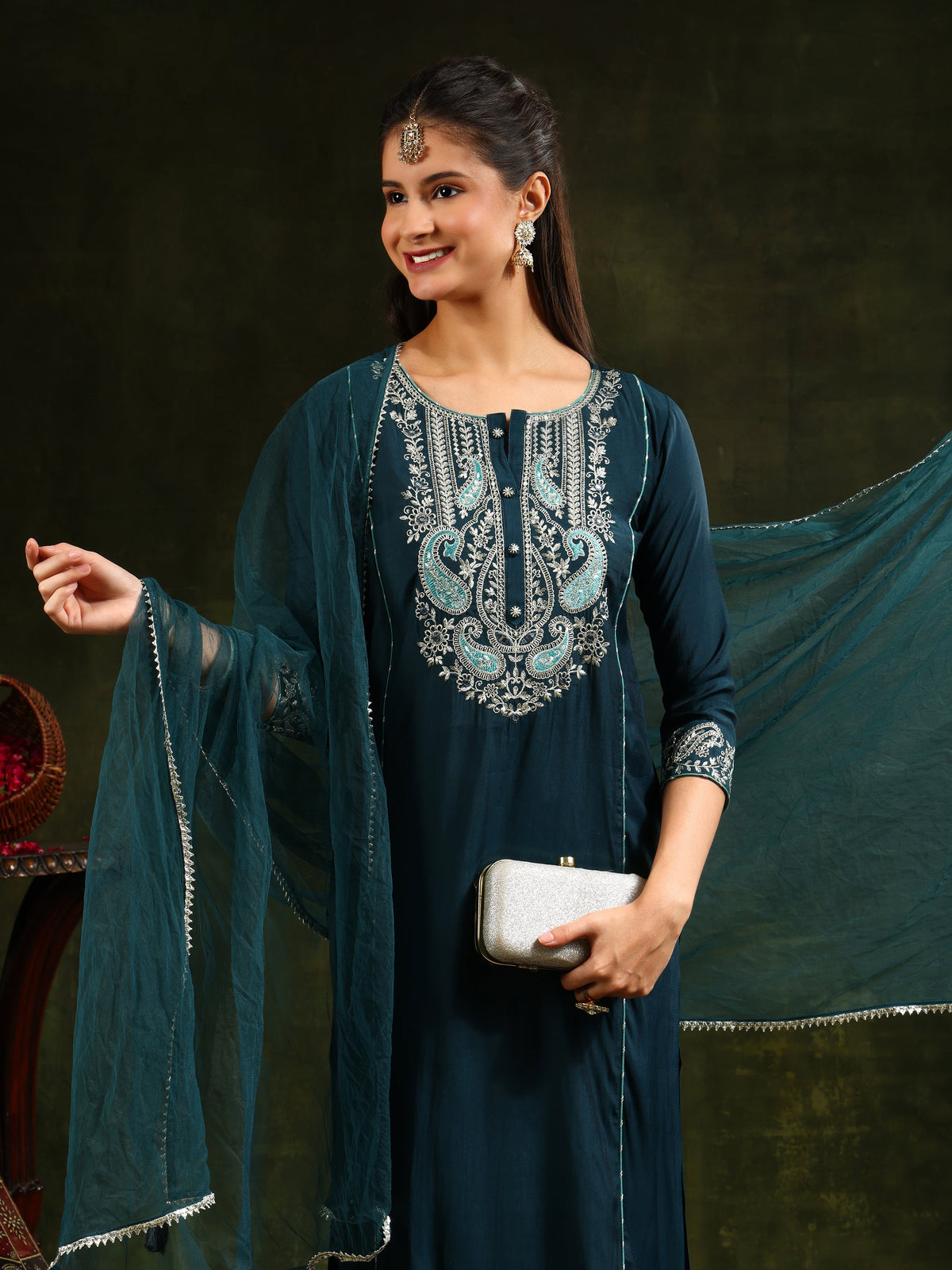 Hem & Yoke Embroidered Kurta With Pant & Lace Taping Net Dupatta, Teal - Hiral Fashion | Grocsy