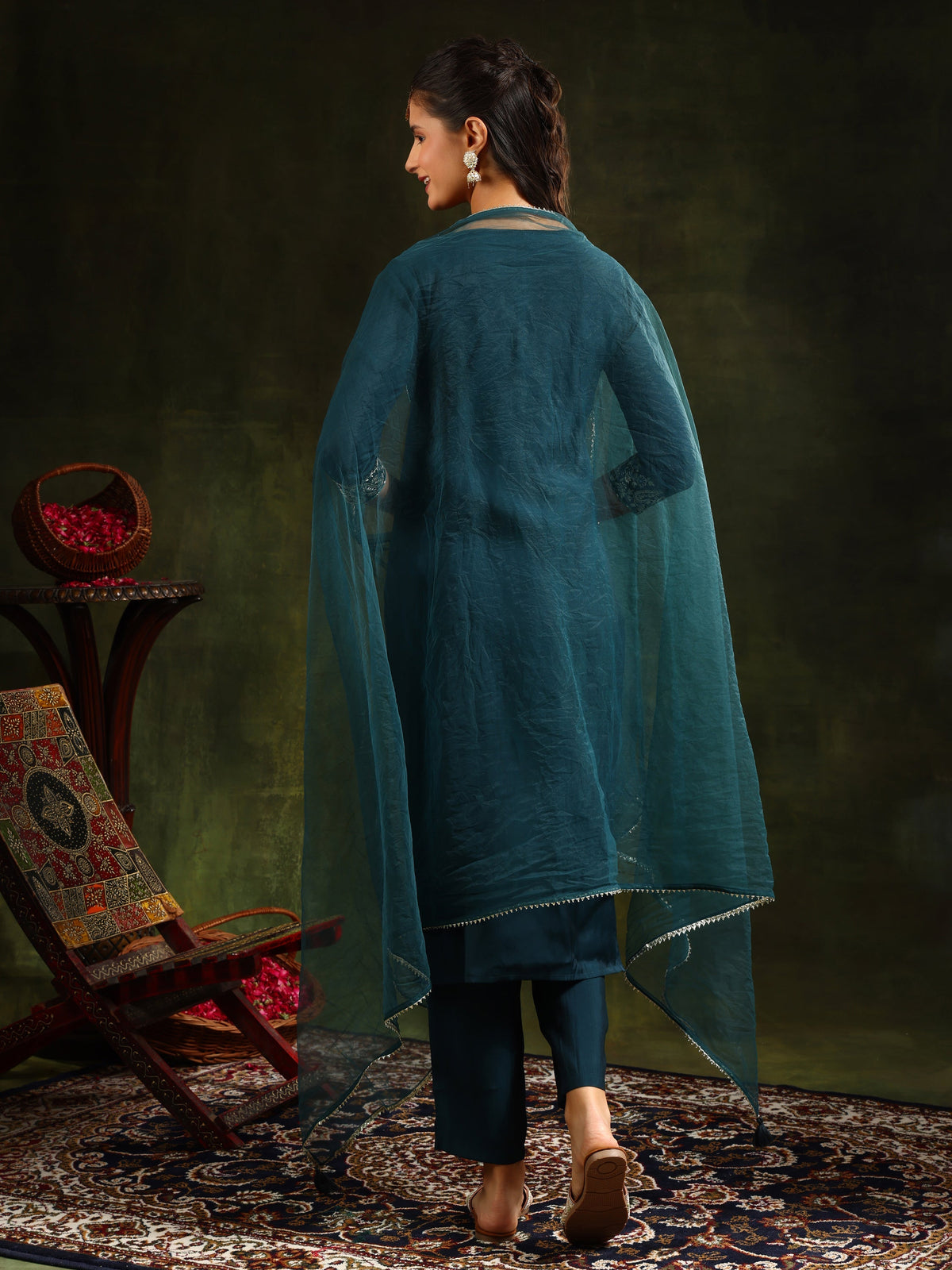 Hem & Yoke Embroidered Kurta With Pant & Lace Taping Net Dupatta, Teal - Hiral Fashion | Grocsy