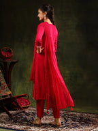 Mirror Embroidered Kurta With Pant & Sequined Embroidered Dupatta, Rani - Hiral Fashion | Grocsy
