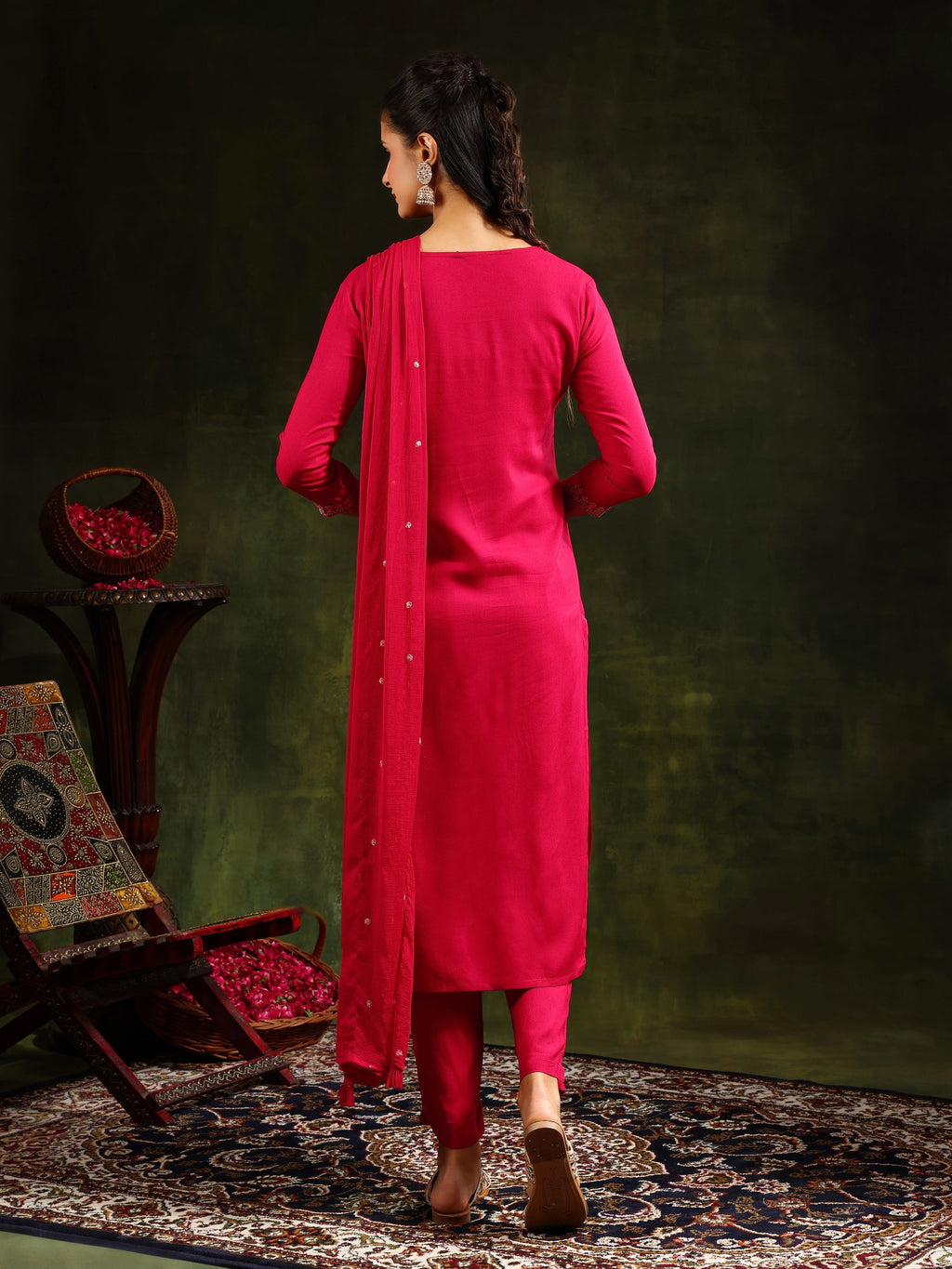 Mirror Embroidered Kurta With Pant & Sequined Embroidered Dupatta, Rani - Hiral Fashion | Grocsy