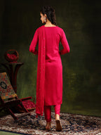 Mirror Embroidered Kurta With Pant & Sequined Embroidered Dupatta, Rani - Hiral Fashion | Grocsy