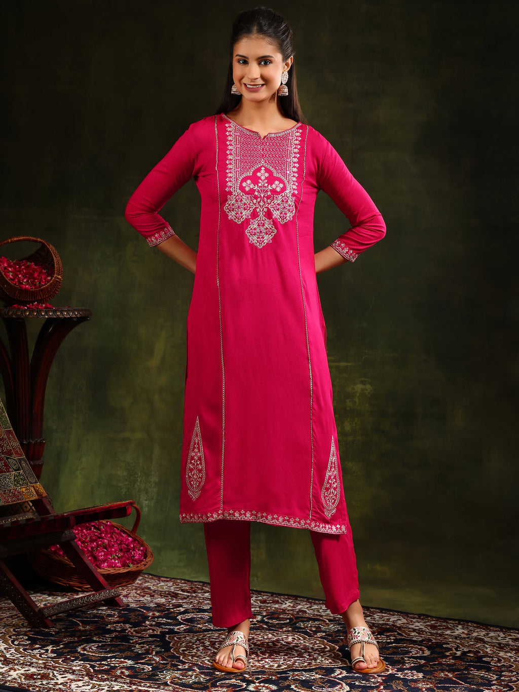 Mirror Embroidered Kurta With Pant & Sequined Embroidered Dupatta, Rani - Hiral Fashion | Grocsy