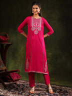 Mirror Embroidered Kurta With Pant & Sequined Embroidered Dupatta, Rani - Hiral Fashion | Grocsy
