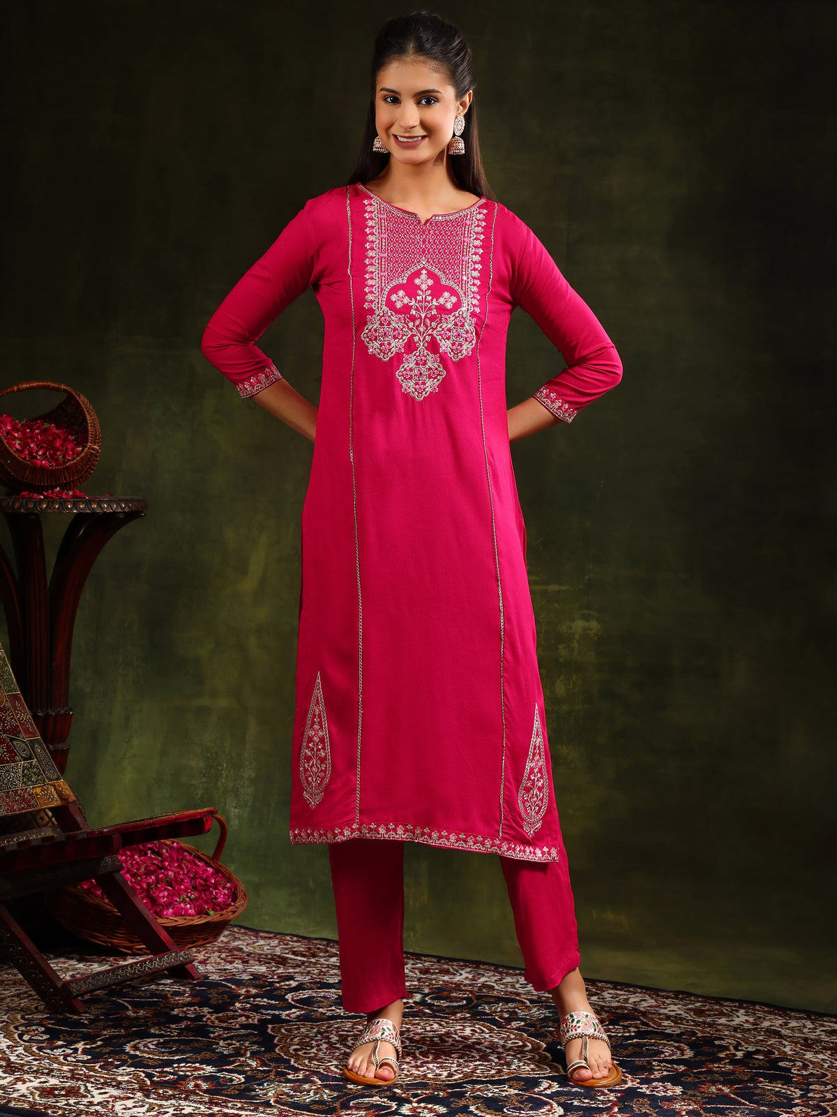 Mirror Embroidered Kurta With Pant & Sequined Embroidered Dupatta, Rani - Hiral Fashion | Grocsy
