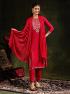 Mirror Embroidered Kurta With Pant & Sequined Embroidered Dupatta, Rani - Hiral Fashion | Grocsy