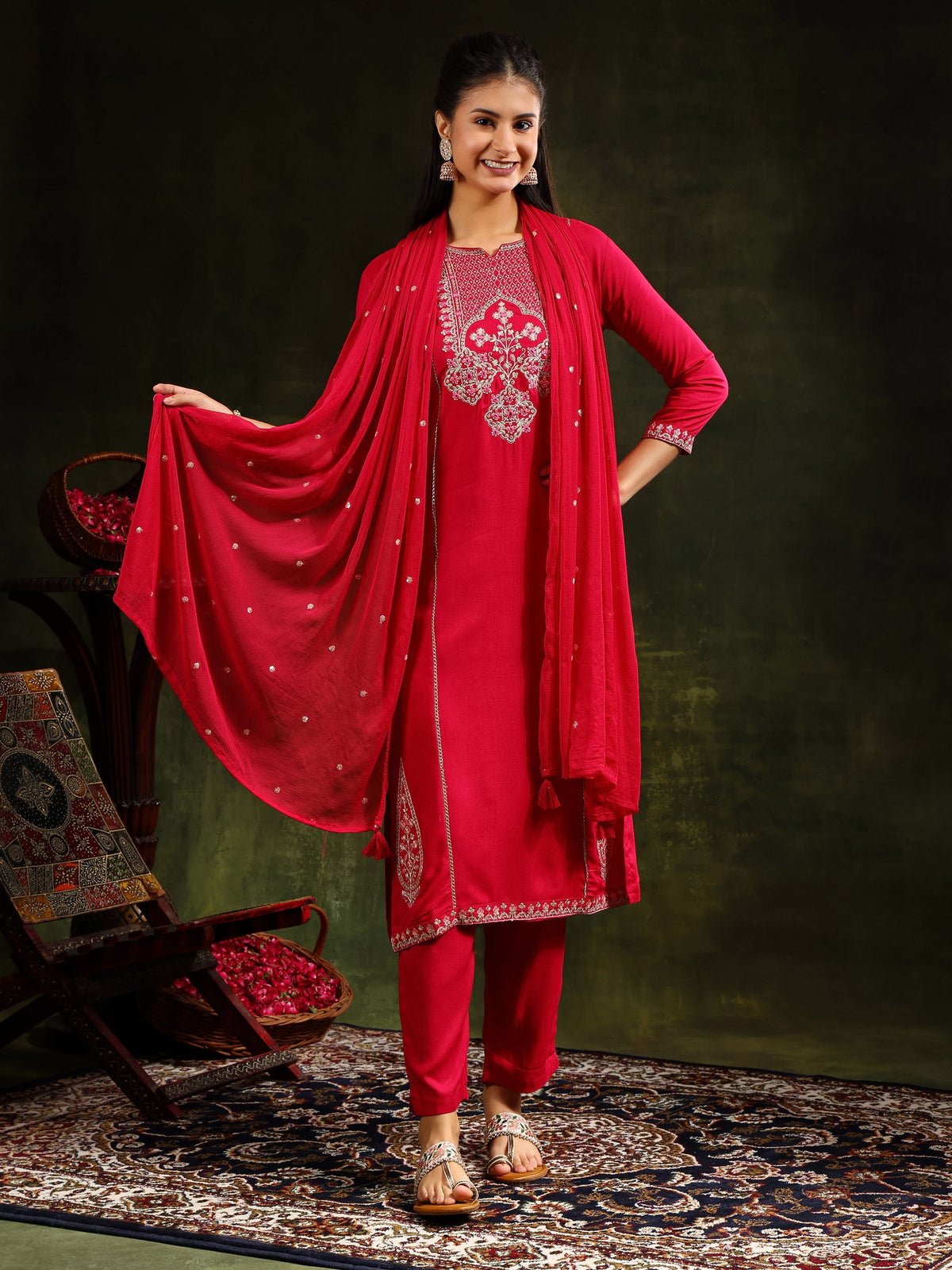 Mirror Embroidered Kurta With Pant & Sequined Embroidered Dupatta, Rani - Hiral Fashion | Grocsy
