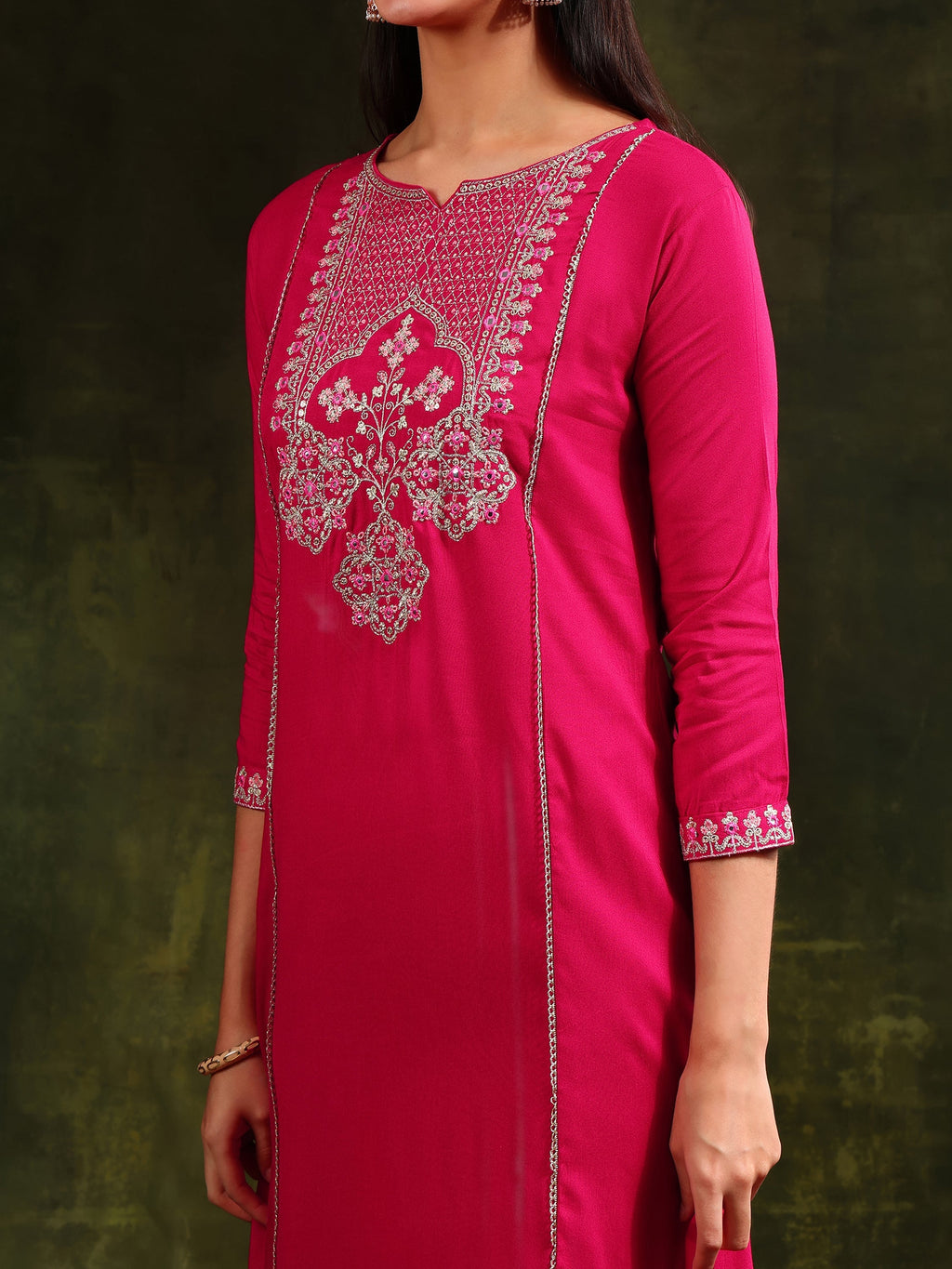 Mirror Embroidered Kurta With Pant & Sequined Embroidered Dupatta, Rani - Hiral Fashion | Grocsy