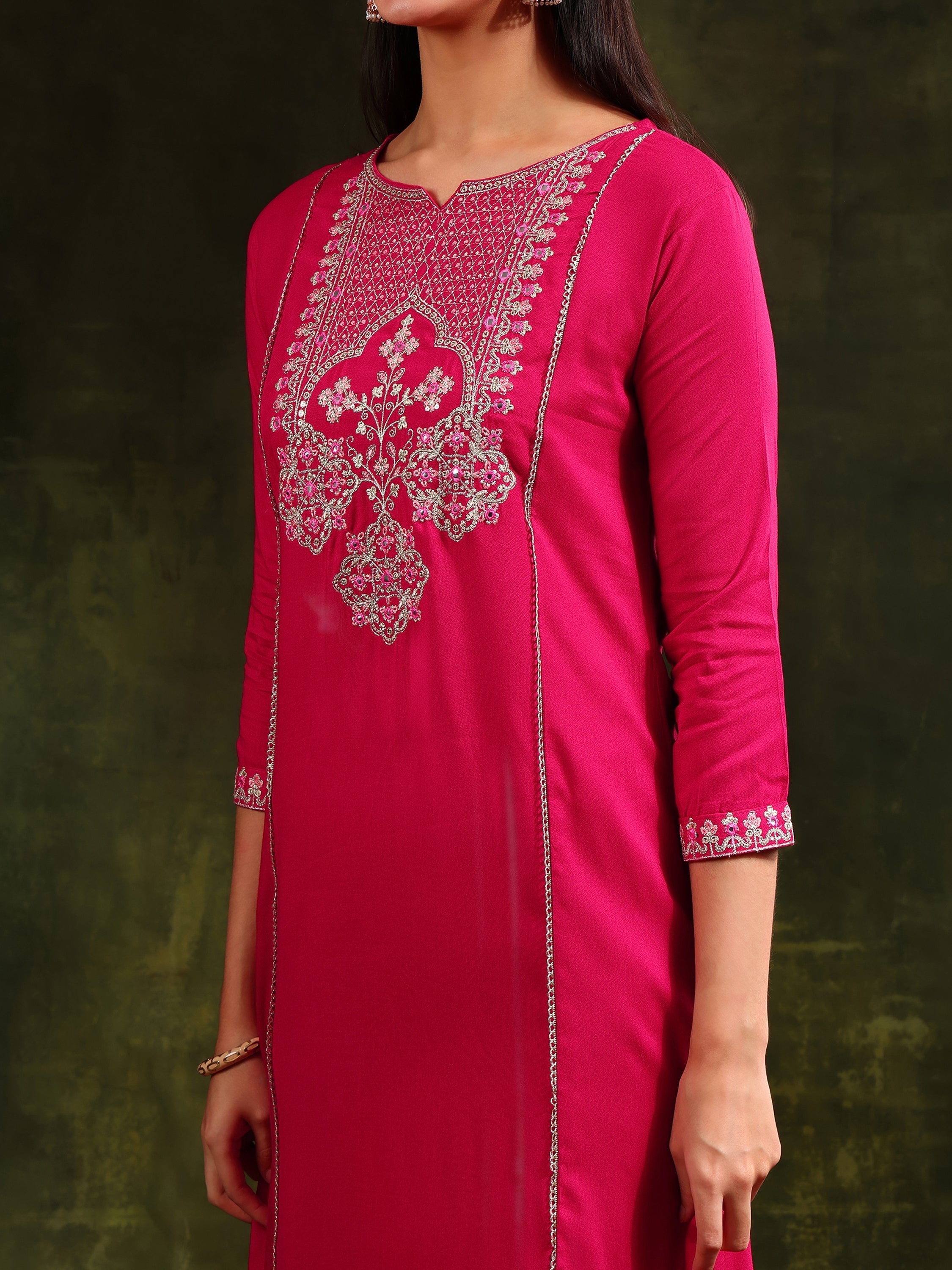 Mirror Embroidered Kurta With Pant & Sequined Embroidered Dupatta, Rani - Hiral Fashion | Grocsy