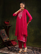 Mirror Embroidered Kurta With Pant & Sequined Embroidered Dupatta, Rani - Hiral Fashion | Grocsy