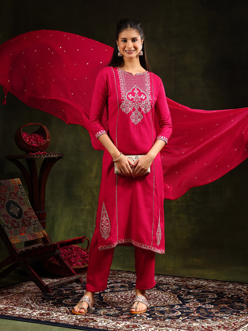 Mirror Embroidered Kurta With Pant & Sequined Embroidered Dupatta, Rani - Hiral Fashion | Grocsy