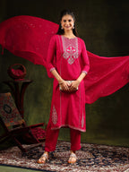 Mirror Embroidered Kurta With Pant & Sequined Embroidered Dupatta, Rani - Hiral Fashion | Grocsy