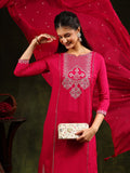 Mirror Embroidered Kurta With Pant & Sequined Embroidered Dupatta, Rani - Hiral Fashion | Grocsy