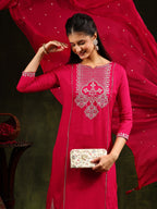 Mirror Embroidered Kurta With Pant & Sequined Embroidered Dupatta, Rani - Hiral Fashion | Grocsy