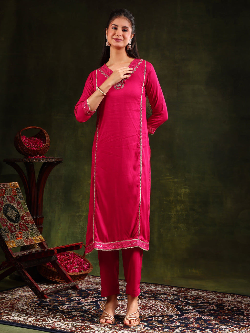 Sequined Embroidered Kurta With Pant & Sequined Embroidered Dupatta, Pink - Hiral Fashion | Grocsy
