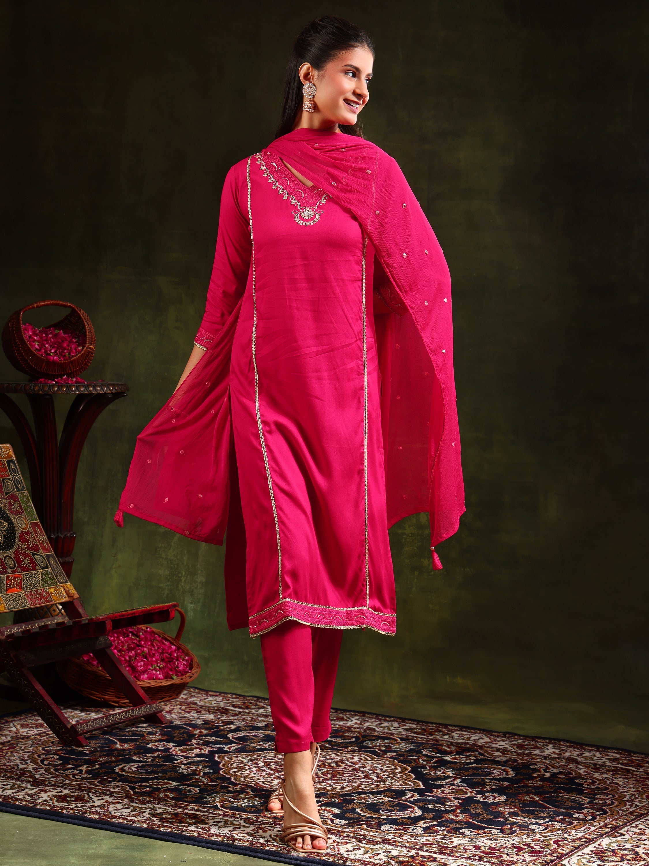 Sequined Embroidered Kurta With Pant & Sequined Embroidered Dupatta, Pink - Hiral Fashion | Grocsy