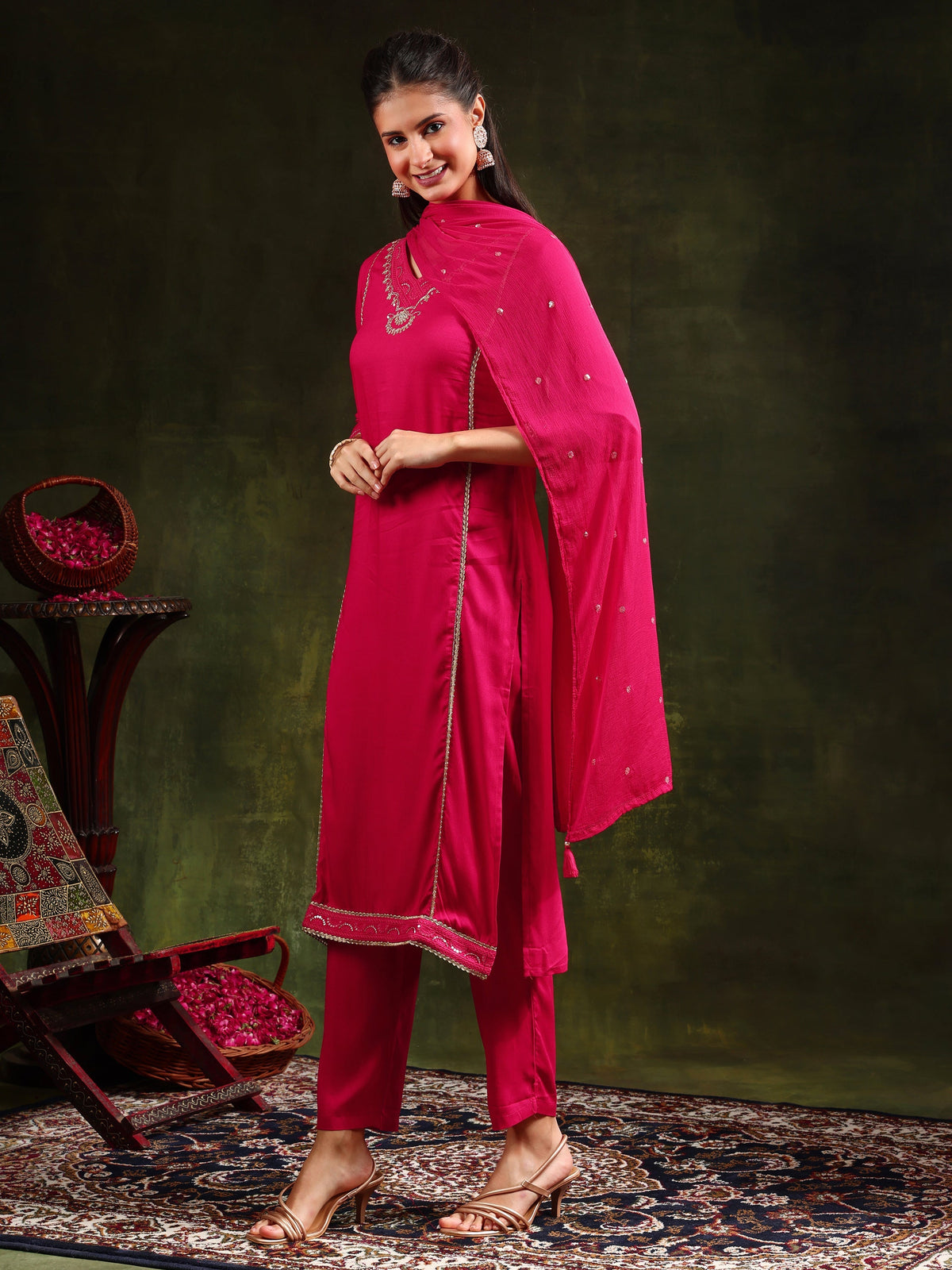 Sequined Embroidered Kurta With Pant & Sequined Embroidered Dupatta, Pink - Hiral Fashion | Grocsy