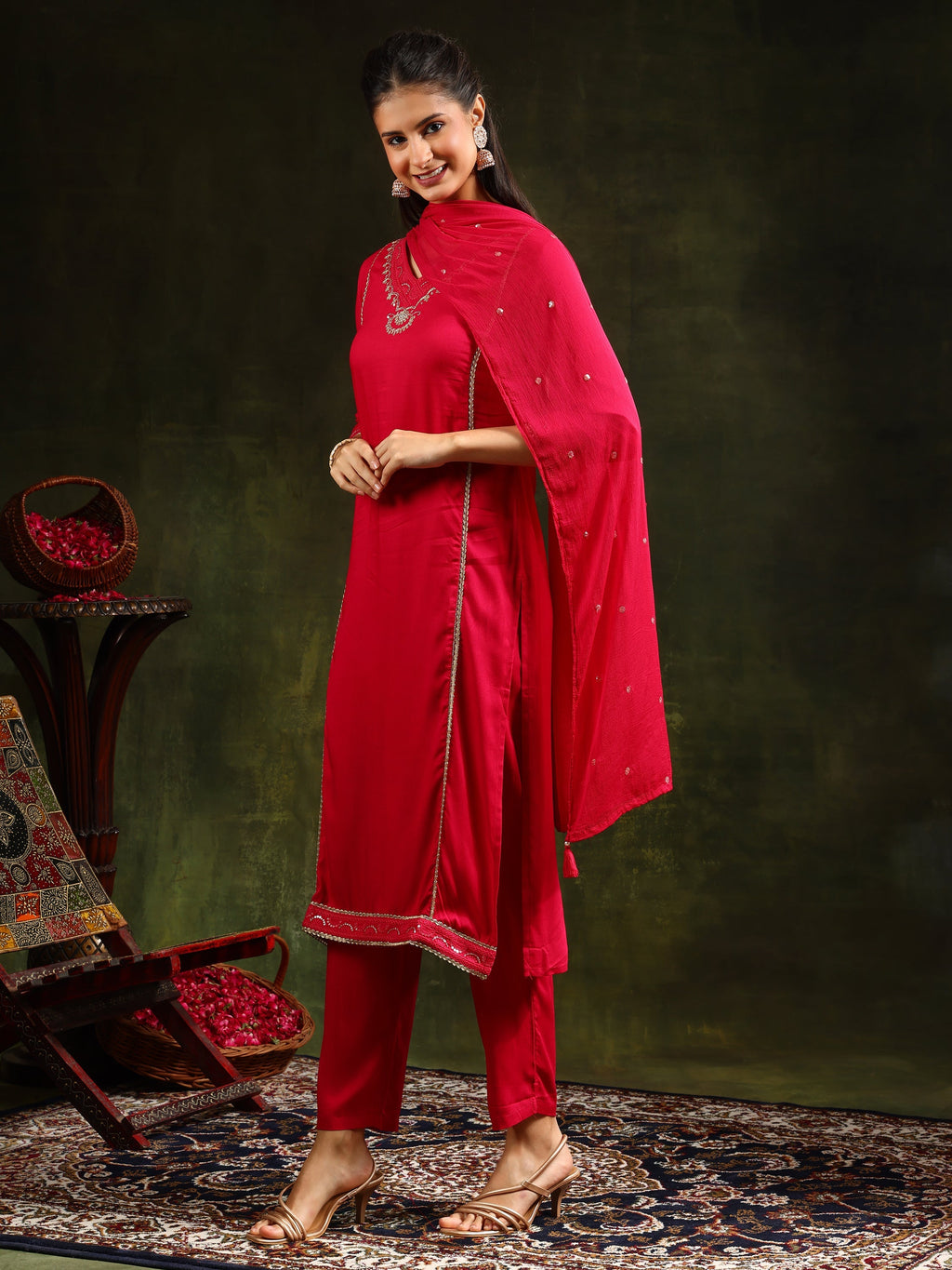 Sequined Embroidered Kurta With Pant & Sequined Embroidered Dupatta, Pink - Hiral Fashion | Grocsy