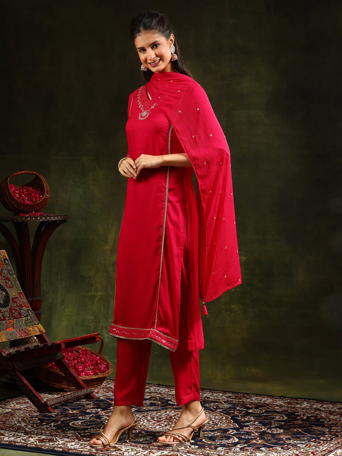 Sequined Embroidered Kurta With Pant & Sequined Embroidered Dupatta, Pink - Hiral Fashion | Grocsy