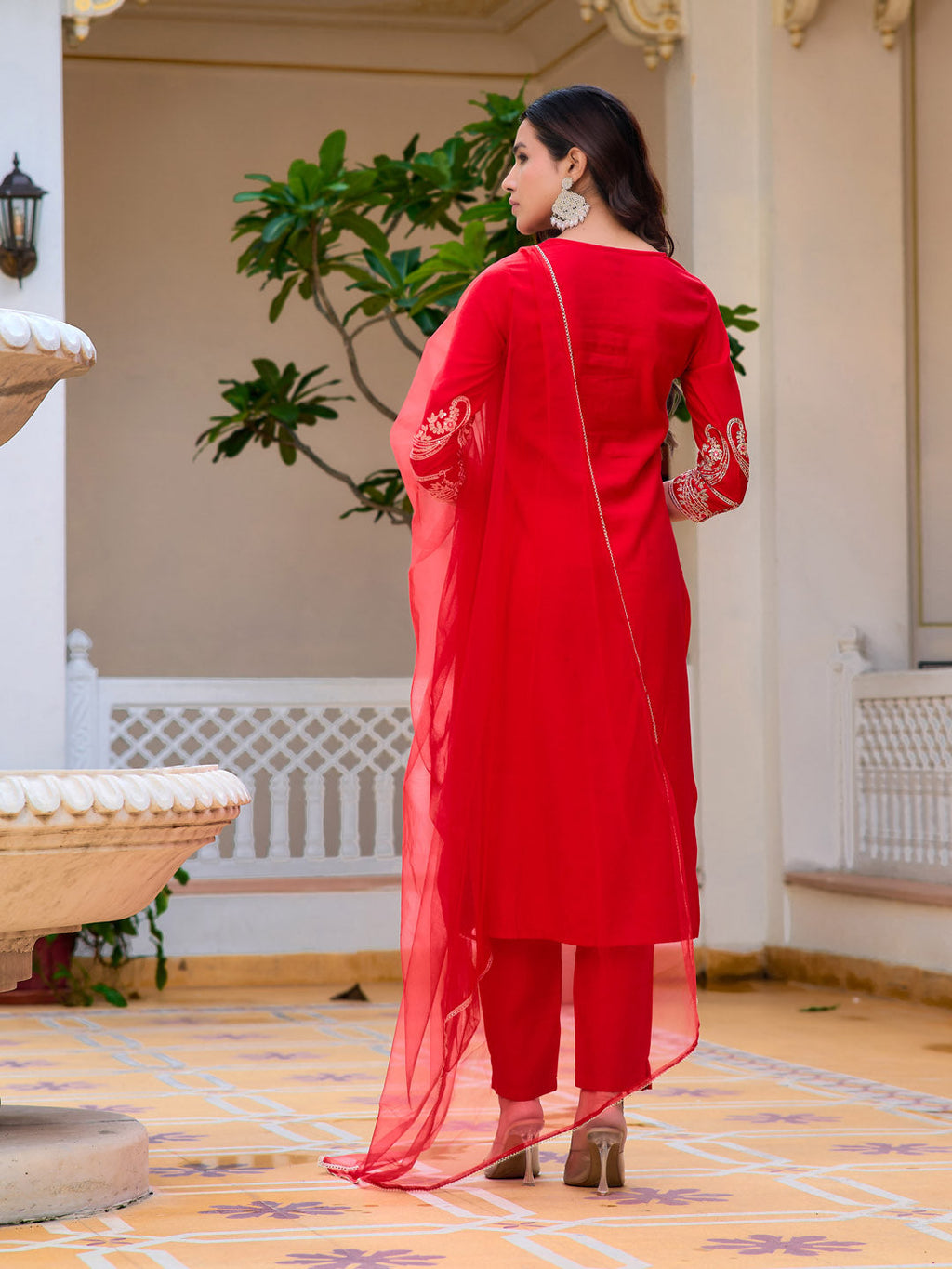 Sequined & Zari Embroidered Kurta With Pant & Net Dupatta, Red - Hiral Fashion | Grocsy