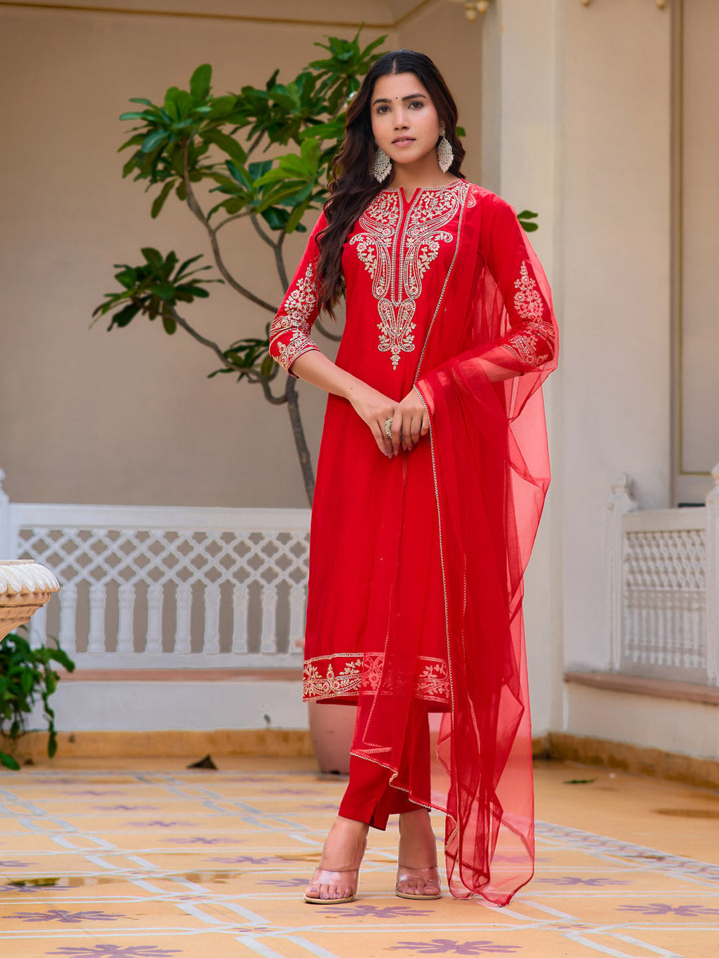 Sequined & Zari Embroidered Kurta With Pant & Net Dupatta, Red - Hiral Fashion | Grocsy