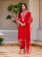 Sequined & Zari Embroidered Kurta With Pant & Net Dupatta, Red - Hiral Fashion | Grocsy