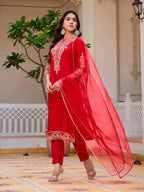 Sequined & Zari Embroidered Kurta With Pant & Net Dupatta, Red - Hiral Fashion | Grocsy